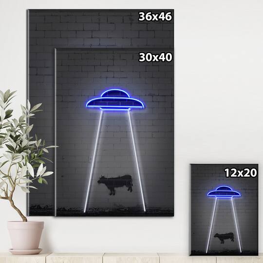 Designart - Neon UFO Abducting Cow - Modern & Contemporary Canvas Art Print